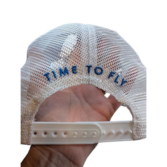 Hoka One One Blue White Mesh Snapback Trucker Hat Cap “TIME TO FLY” Print - Picture 4 of 6